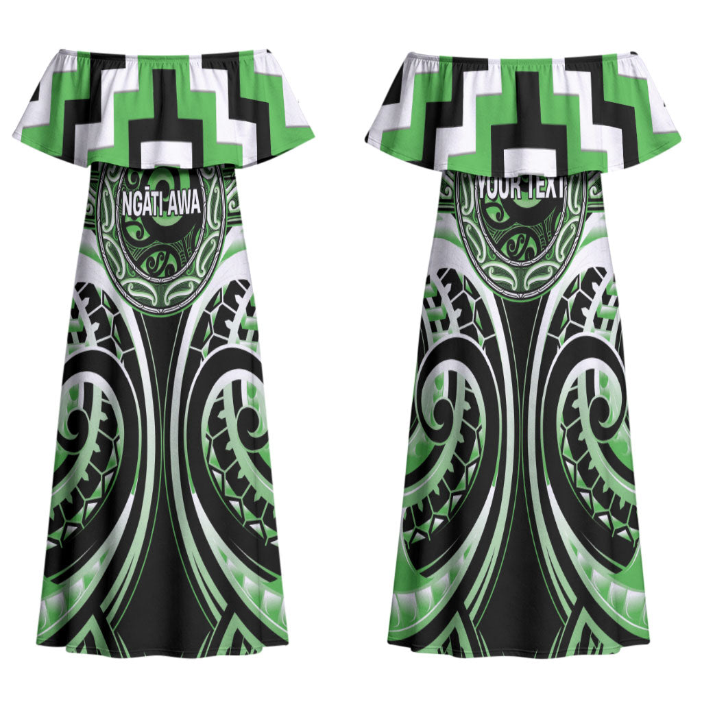Aotearoa Ngati Awa Personalised Family Matching Off Shoulder Maxi Dress and Hawaiian Shirt Maori Iwi Poutama Puhoro Tattoo LT14 Mom's Dress Green - Polynesian Pride