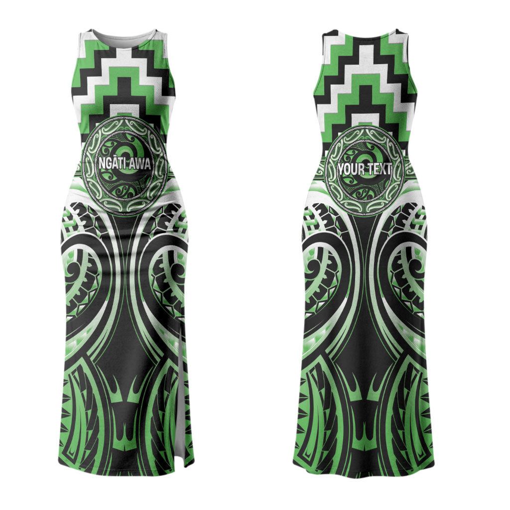 Aotearoa Ngati Awa Personalised Family Matching Tank Maxi Dress and Hawaiian Shirt Maori Iwi Poutama Puhoro Tattoo LT14 Mom's Dress Green - Polynesian Pride