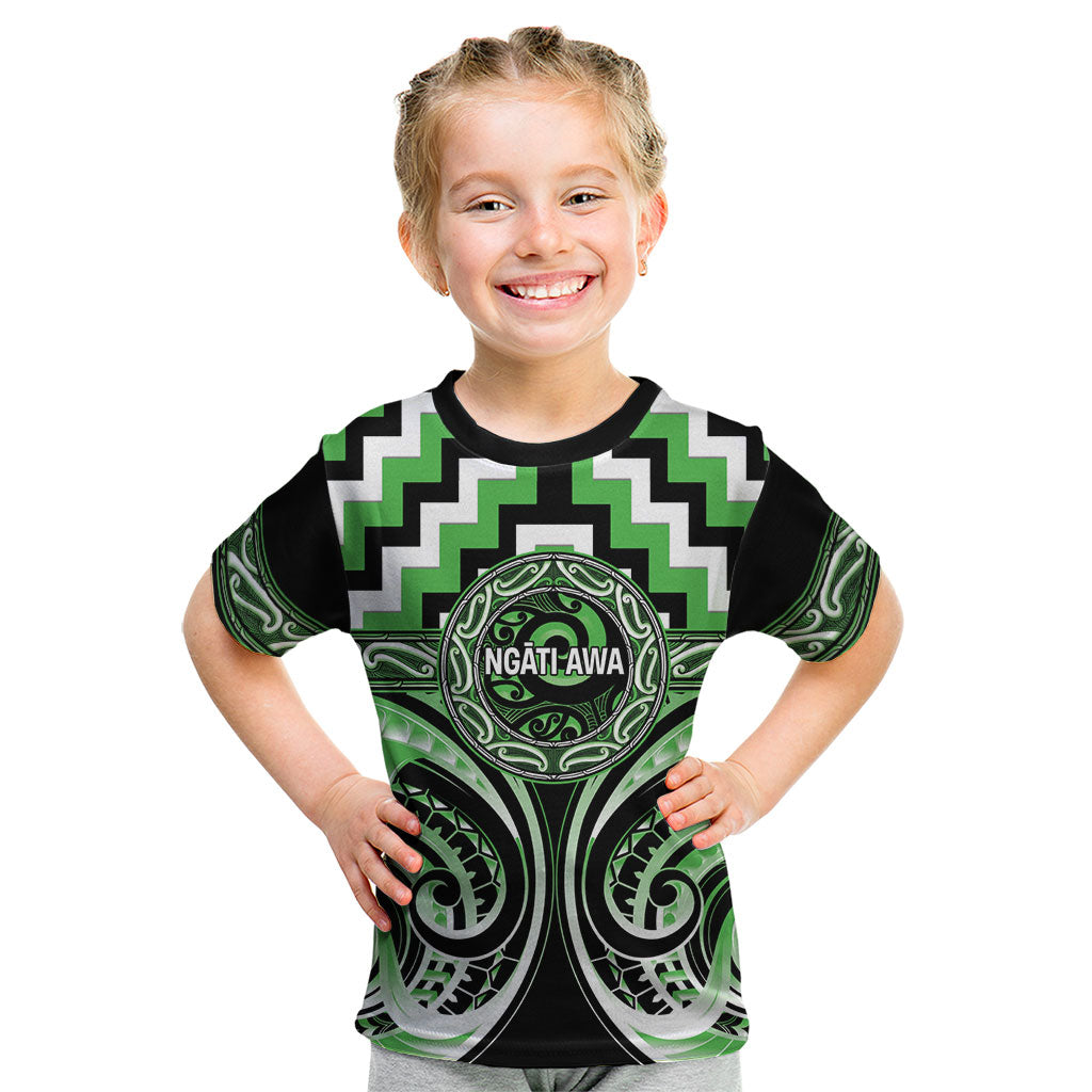 Aotearoa Ngati Awa Personalised Kid T Shirt Maori Iwi Poutama Puhoro Tattoo LT14 Green - Polynesian Pride