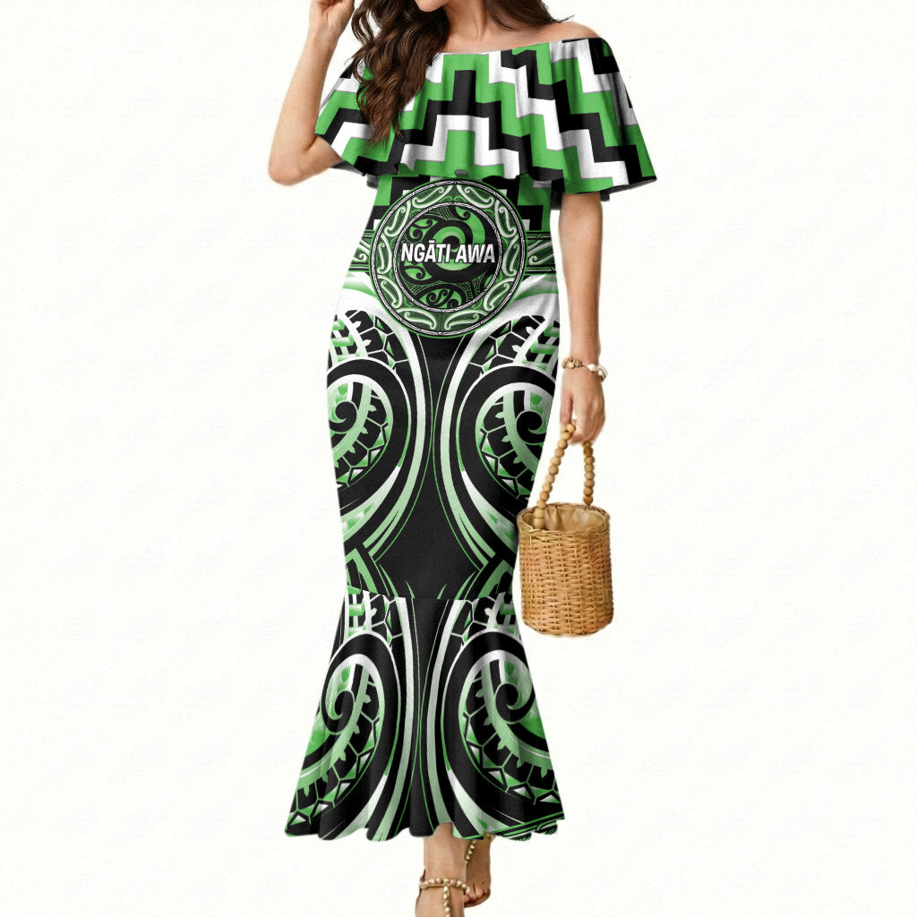 Aotearoa Ngati Awa Personalised Mermaid Dress Maori Iwi Poutama Puhoro Tattoo LT14 Women Green - Polynesian Pride