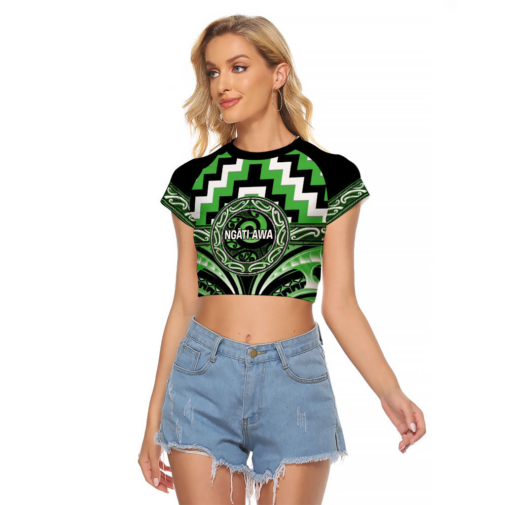 Aotearoa Ngati Awa Personalised Raglan Cropped T Shirt Maori Iwi Poutama Puhoro Tattoo LT14 Female Green - Polynesian Pride