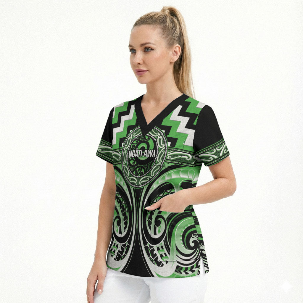 Aotearoa Ngati Awa Personalised Scrub Top Maori Iwi Poutama Puhoro Tattoo LT14 - Polynesian Pride