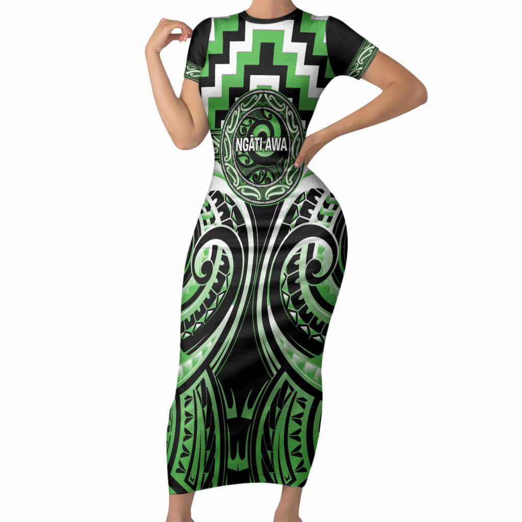 Aotearoa Ngati Awa Personalised Short Sleeve Bodycon Dress Maori Iwi Poutama Puhoro Tattoo LT14 Long Dress Green - Polynesian Pride