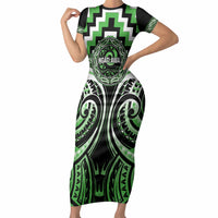 Aotearoa Ngati Awa Personalised Short Sleeve Bodycon Dress Maori Iwi Poutama Puhoro Tattoo LT14 Long Dress Green - Polynesian Pride