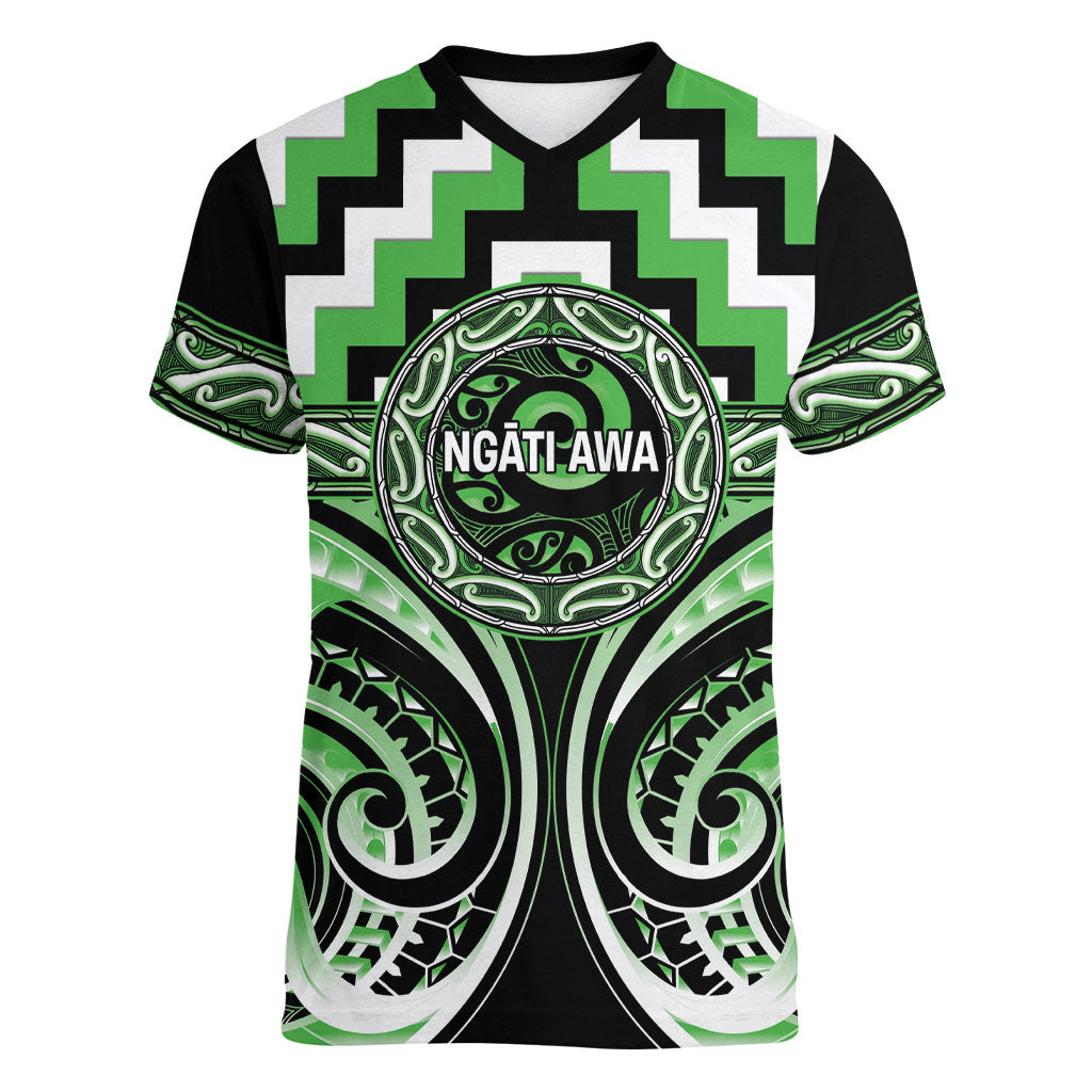 Aotearoa Ngati Awa Personalised Women V-Neck T-Shirt Maori Iwi Poutama Puhoro Tattoo LT14 Female Green - Polynesian Pride