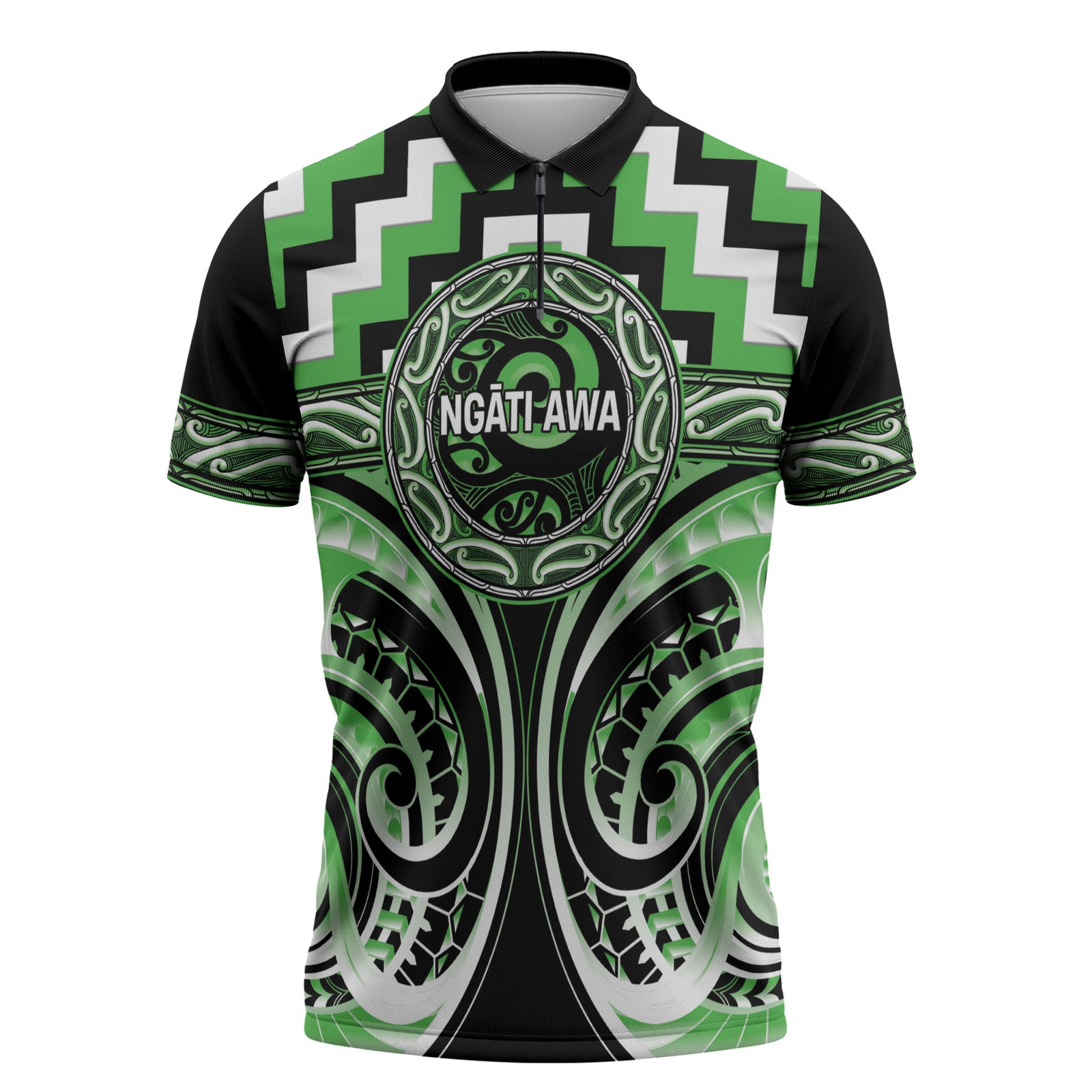 Aotearoa Ngati Awa Personalised Zipper Polo Shirt Maori Iwi Poutama Puhoro Tattoo LT14 Green - Polynesian Pride
