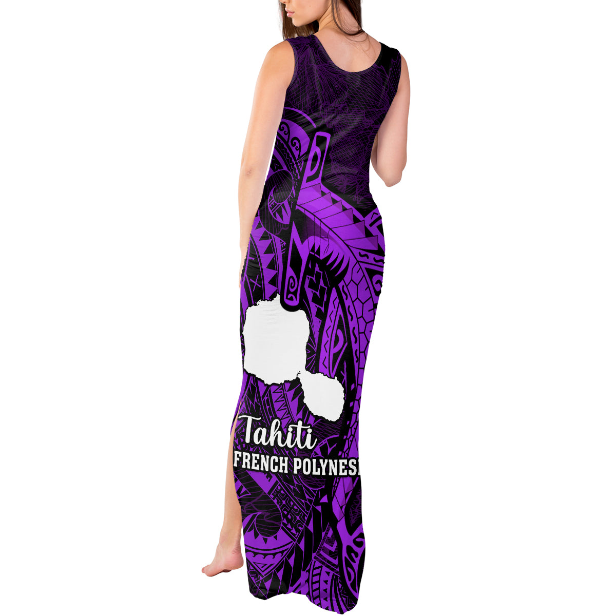 French Polynesia Tahiti Tank Maxi Dress Polynesian Shark Tattoo With Hibiscus Purple Version LT14 - Polynesian Pride