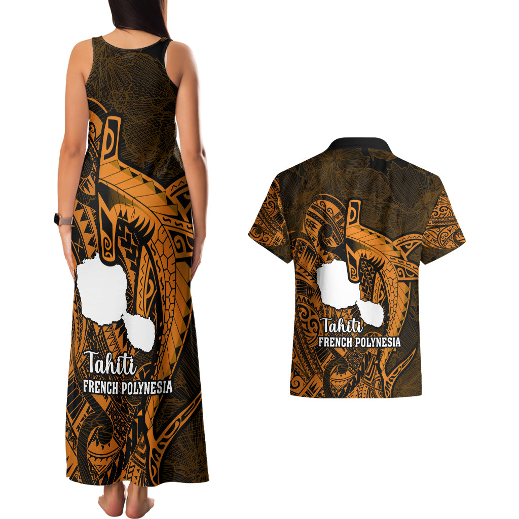 French Polynesia Tahiti Couples Matching Tank Maxi Dress and Hawaiian Shirt Polynesian Shark Tattoo With Hibiscus Red Version LT14 - Polynesian Pride