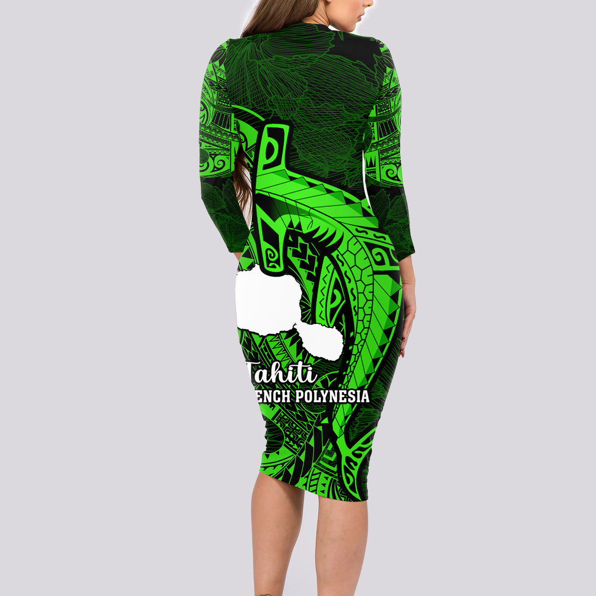 French Polynesia Tahiti Long Sleeve Bodycon Dress Polynesian Shark Tattoo With Hibiscus Green Version LT14 - Polynesian Pride