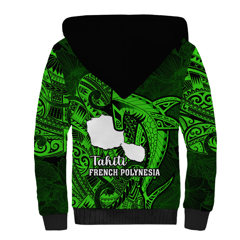 French Polynesia Tahiti Sherpa Hoodie Polynesian Shark Tattoo With Hibiscus Green Version LT14 - Polynesian Pride