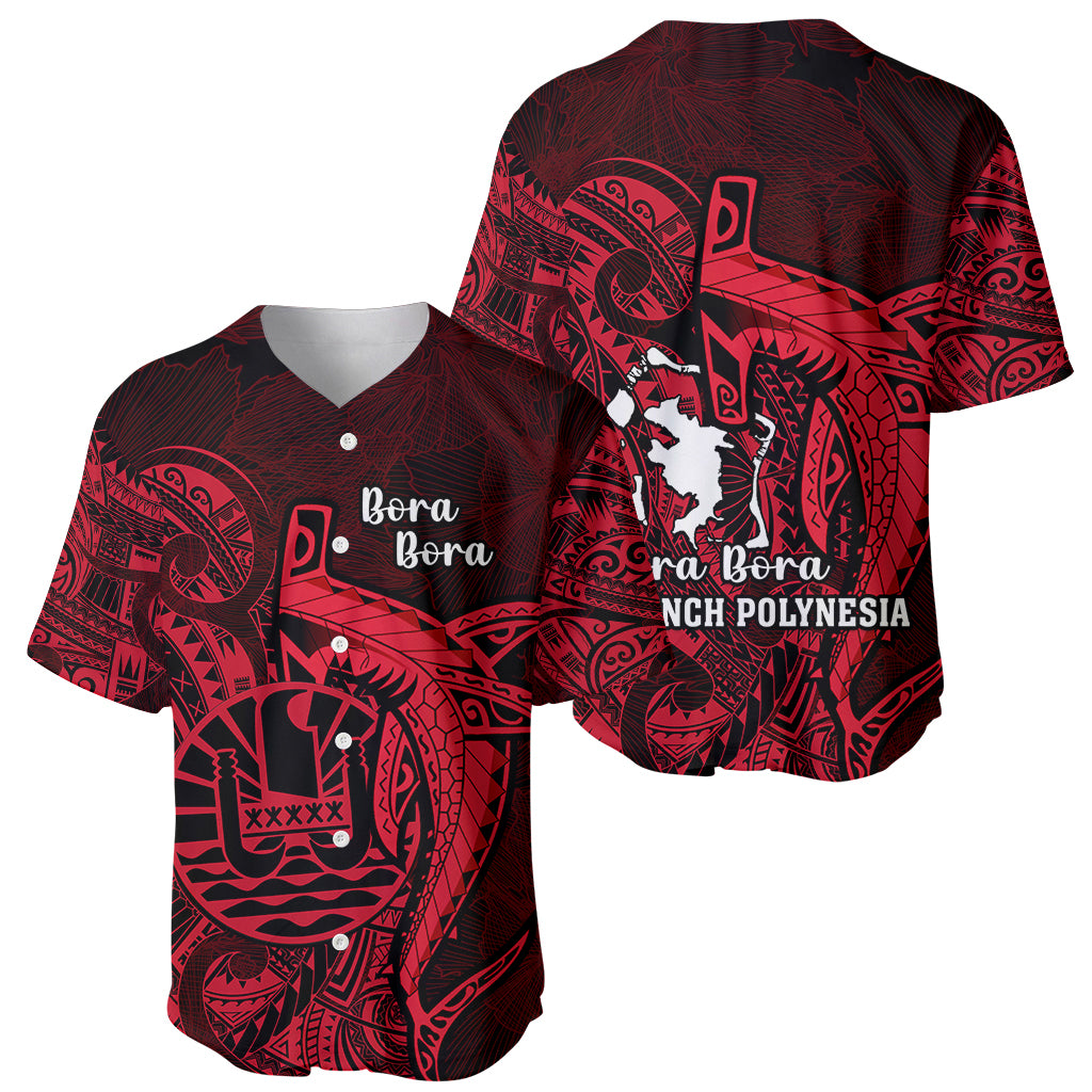 French Polynesia Bora Bora Baseball Jersey Polynesian Shark Tattoo With Hibiscus Red Version LT14 - Polynesian Pride