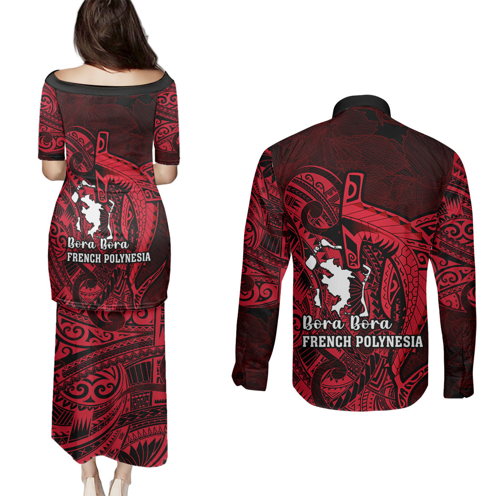 French Polynesia Bora Bora Couples Matching Puletasi Dress and Long Sleeve Button Shirts Polynesian Shark Tattoo With Hibiscus Red Version LT14 - Polynesian Pride