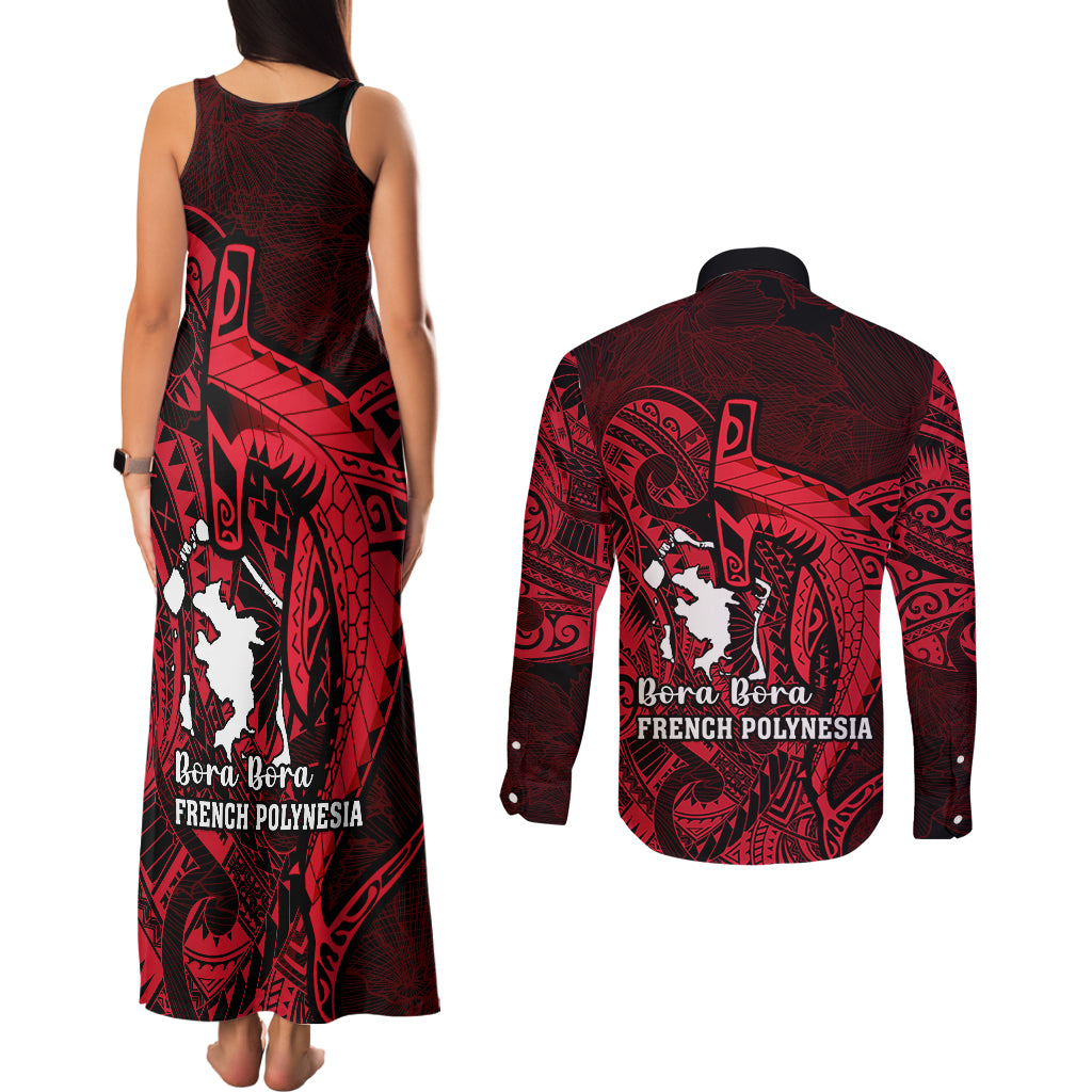 French Polynesia Bora Bora Couples Matching Tank Maxi Dress and Long Sleeve Button Shirts Polynesian Shark Tattoo With Hibiscus Red Version LT14 - Polynesian Pride