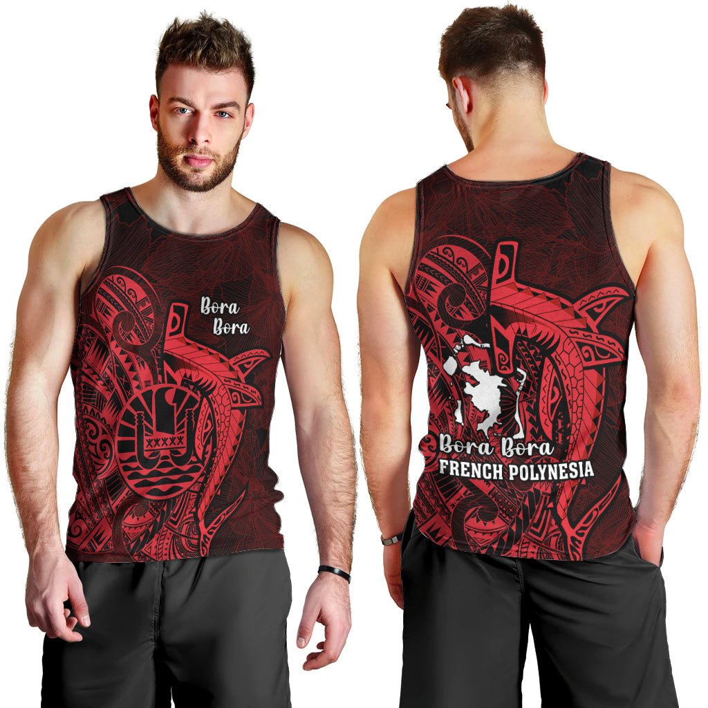 French Polynesia Bora Bora Men Tank Top Polynesian Shark Tattoo With Hibiscus Red Version LT14 - Polynesian Pride