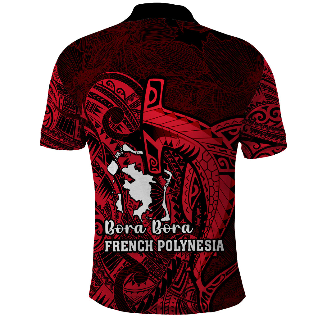 French Polynesia Bora Bora Polo Shirt Polynesian Shark Tattoo With Hibiscus Red Version LT14 - Polynesian Pride