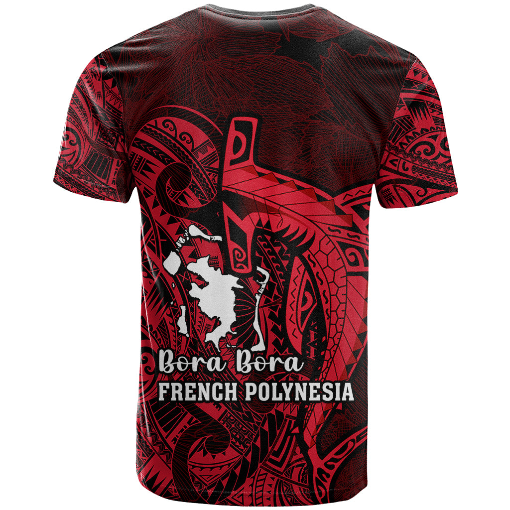 French Polynesia Bora Bora T Shirt Polynesian Shark Tattoo With Hibiscus Red Version LT14 - Polynesian Pride
