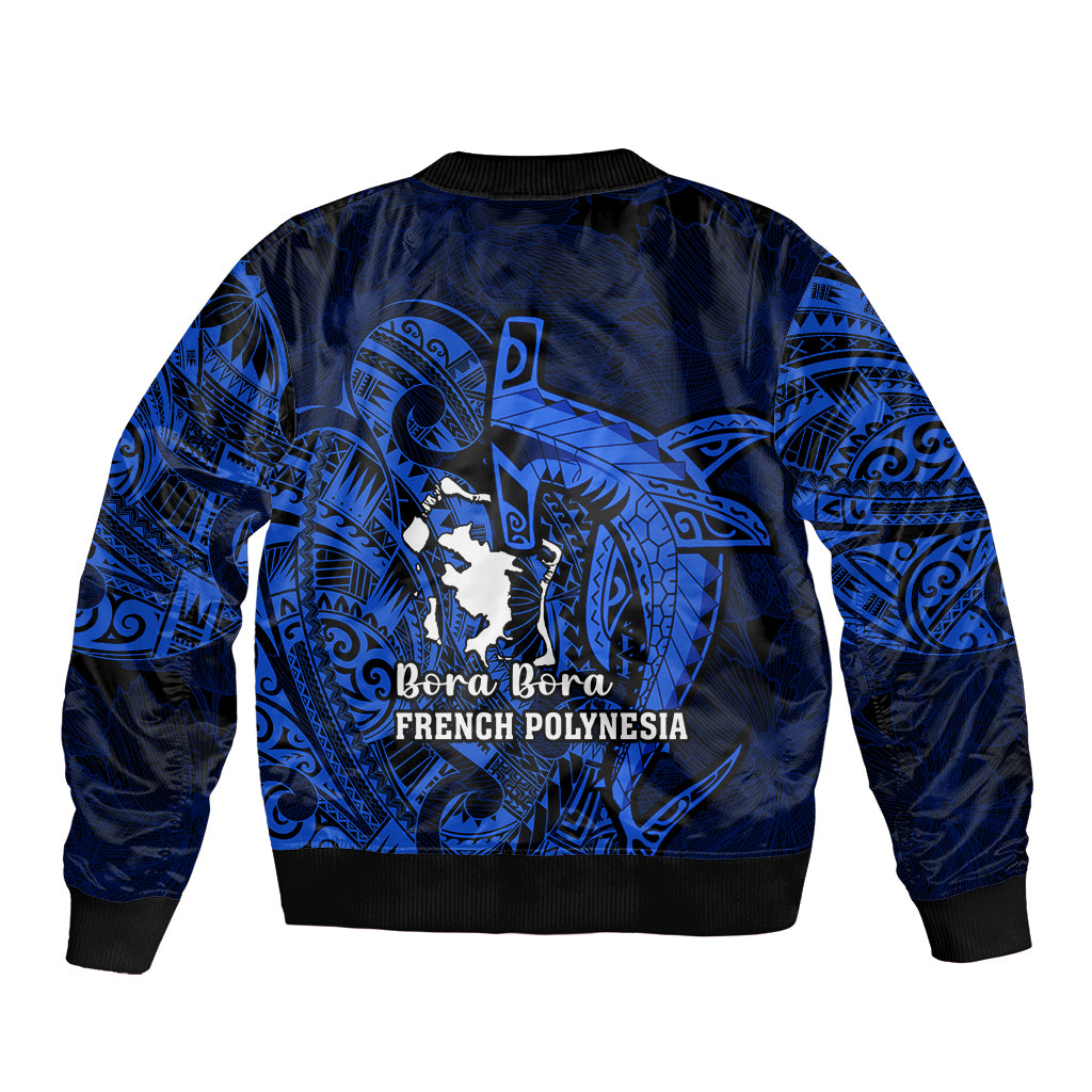 French Polynesia Bora Bora Bomber Jacket Polynesian Shark Tattoo With Hibiscus Blue Version LT14 - Polynesian Pride