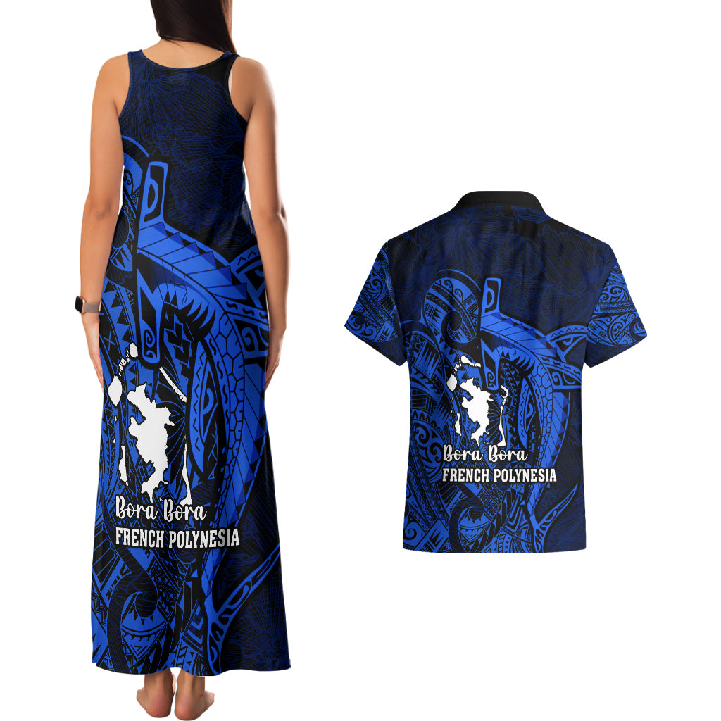 French Polynesia Bora Bora Couples Matching Tank Maxi Dress and Hawaiian Shirt Polynesian Shark Tattoo With Hibiscus Blue Version LT14 - Polynesian Pride