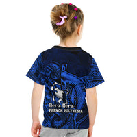 French Polynesia Bora Bora Kid T Shirt Polynesian Shark Tattoo With Hibiscus Blue Version LT14 - Polynesian Pride