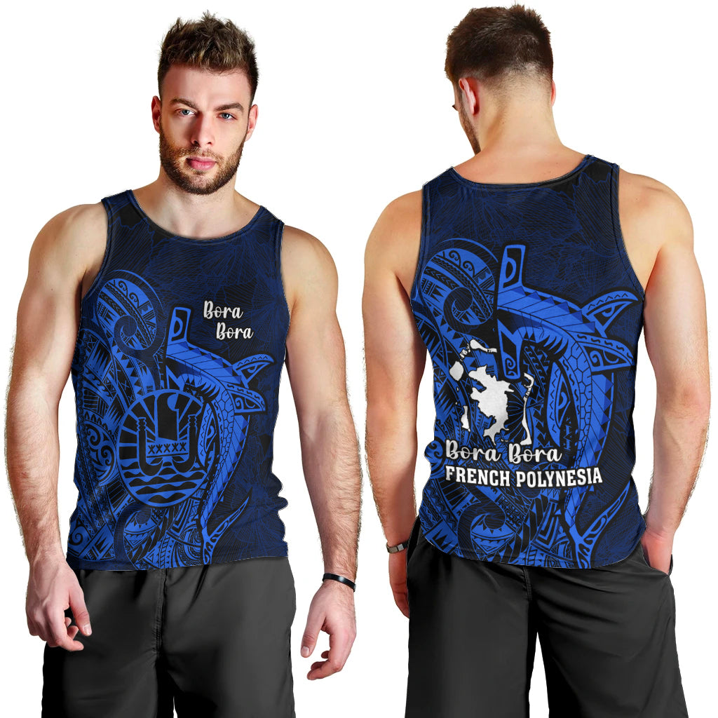 French Polynesia Bora Bora Men Tank Top Polynesian Shark Tattoo With Hibiscus Blue Version LT14 - Polynesian Pride