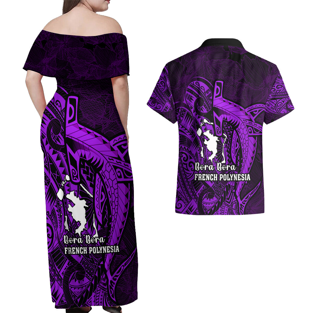 French Polynesia Bora Bora Couples Matching Off Shoulder Maxi Dress and Hawaiian Shirt Polynesian Shark Tattoo With Hibiscus Purple Version LT14 - Polynesian Pride