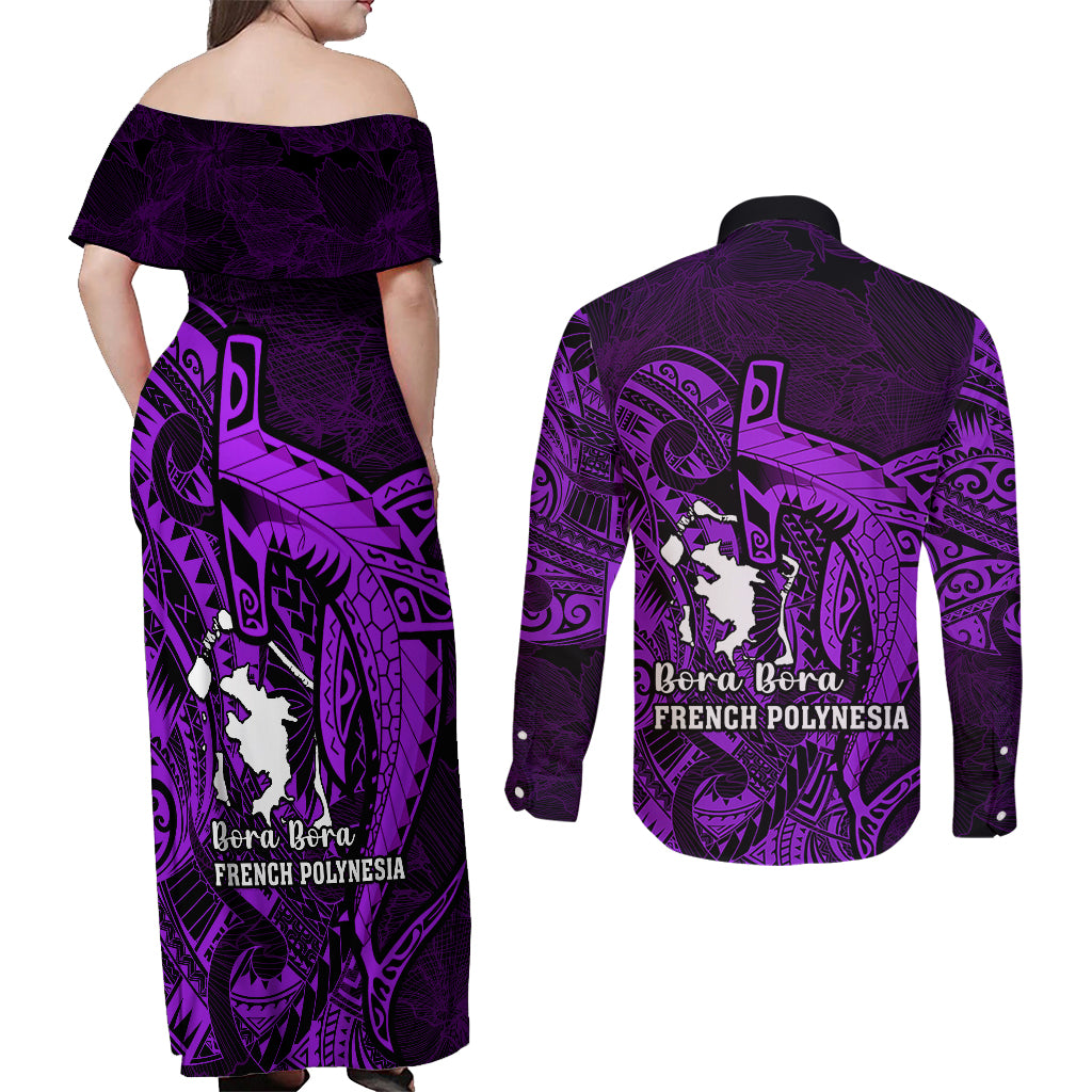 French Polynesia Bora Bora Couples Matching Off Shoulder Maxi Dress and Long Sleeve Button Shirts Polynesian Shark Tattoo With Hibiscus Purple Version LT14 - Polynesian Pride