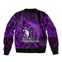French Polynesia Bora Bora Sleeve Zip Bomber Jacket Polynesian Shark Tattoo With Hibiscus Purple Version LT14 - Polynesian Pride
