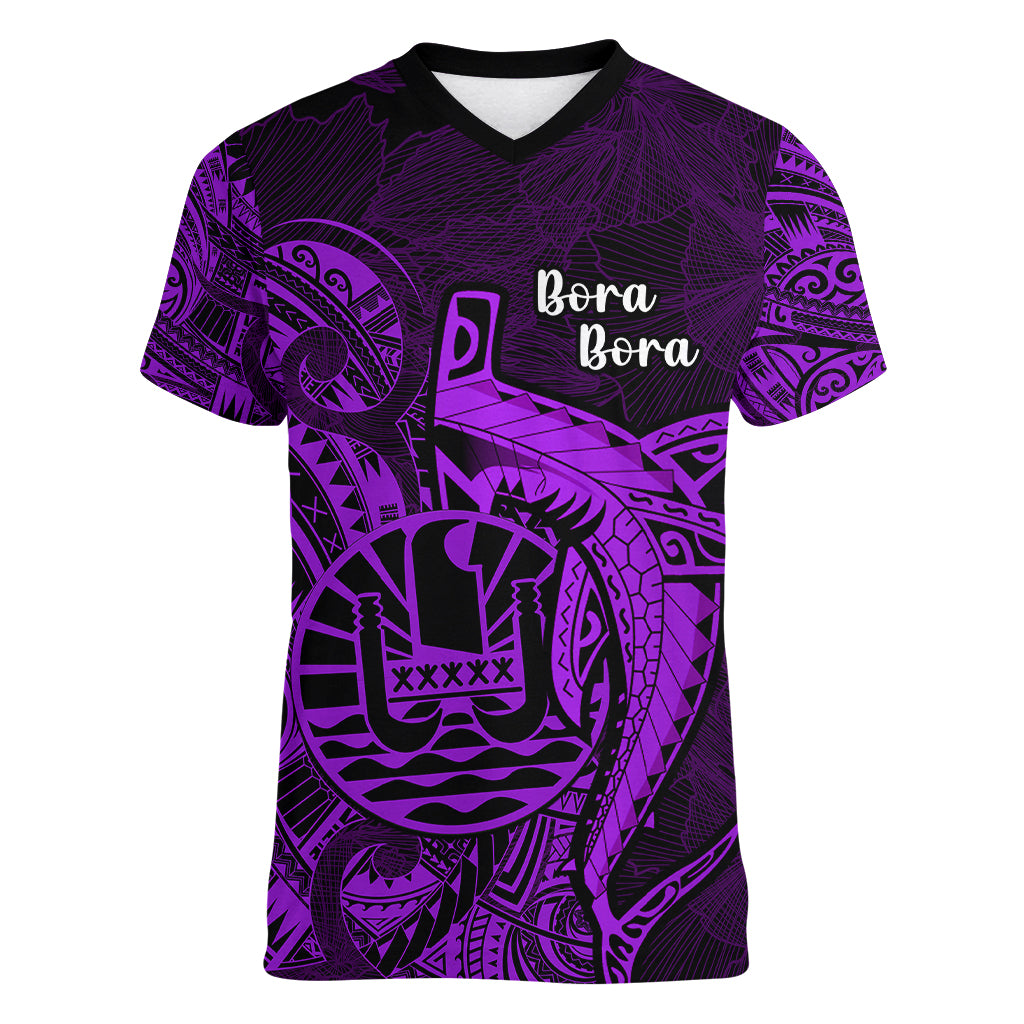 French Polynesia Bora Bora Women V Neck T Shirt Polynesian Shark Tattoo With Hibiscus Purple Version LT14 Female Purple - Polynesian Pride