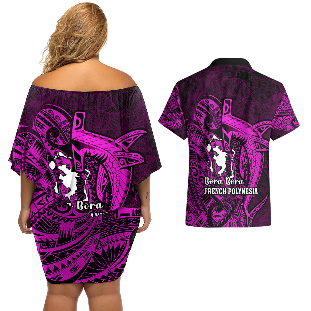 French Polynesia Bora Bora Couples Matching Off Shoulder Short Dress and Hawaiian Shirt Polynesian Shark Tattoo With Hibiscus Pink Version LT14 - Polynesian Pride