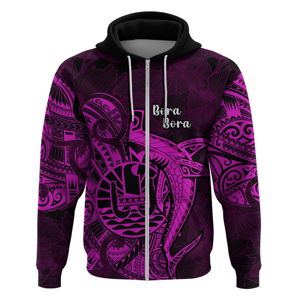 French Polynesia Bora Bora Hoodie Polynesian Shark Tattoo With Hibiscus Pink Version LT14 Zip Hoodie Pink - Polynesian Pride