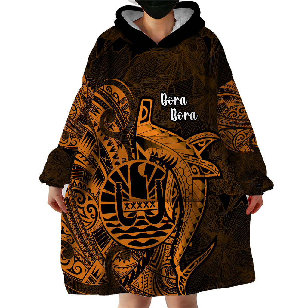 French Polynesia Bora Bora Wearable Blanket Hoodie Polynesian Shark Tattoo With Hibiscus Red Version LT14 - Polynesian Pride