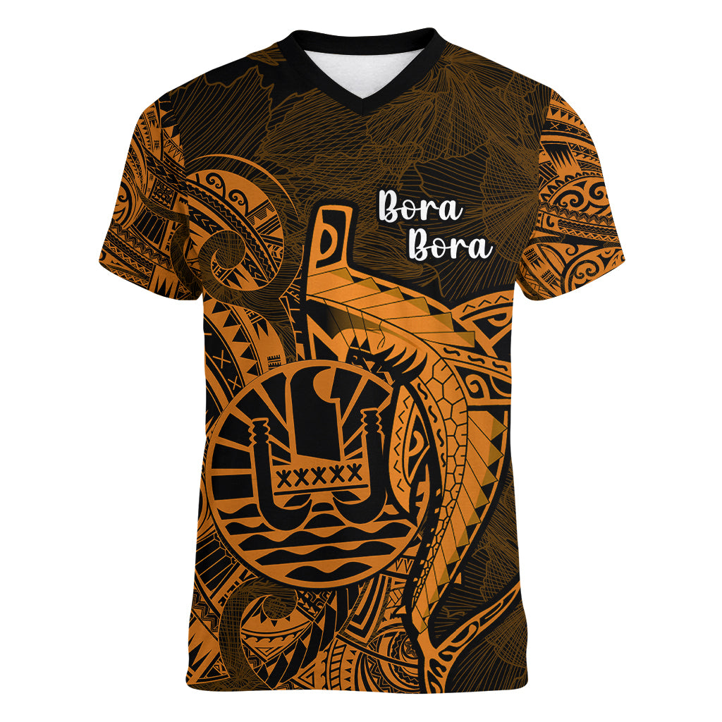 French Polynesia Bora Bora Women V Neck T Shirt Polynesian Shark Tattoo With Hibiscus Red Version LT14 Female Gold - Polynesian Pride