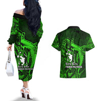 French Polynesia Bora Bora Couples Matching Off The Shoulder Long Sleeve Dress and Hawaiian Shirt Polynesian Shark Tattoo With Hibiscus Green Version LT14 - Polynesian Pride