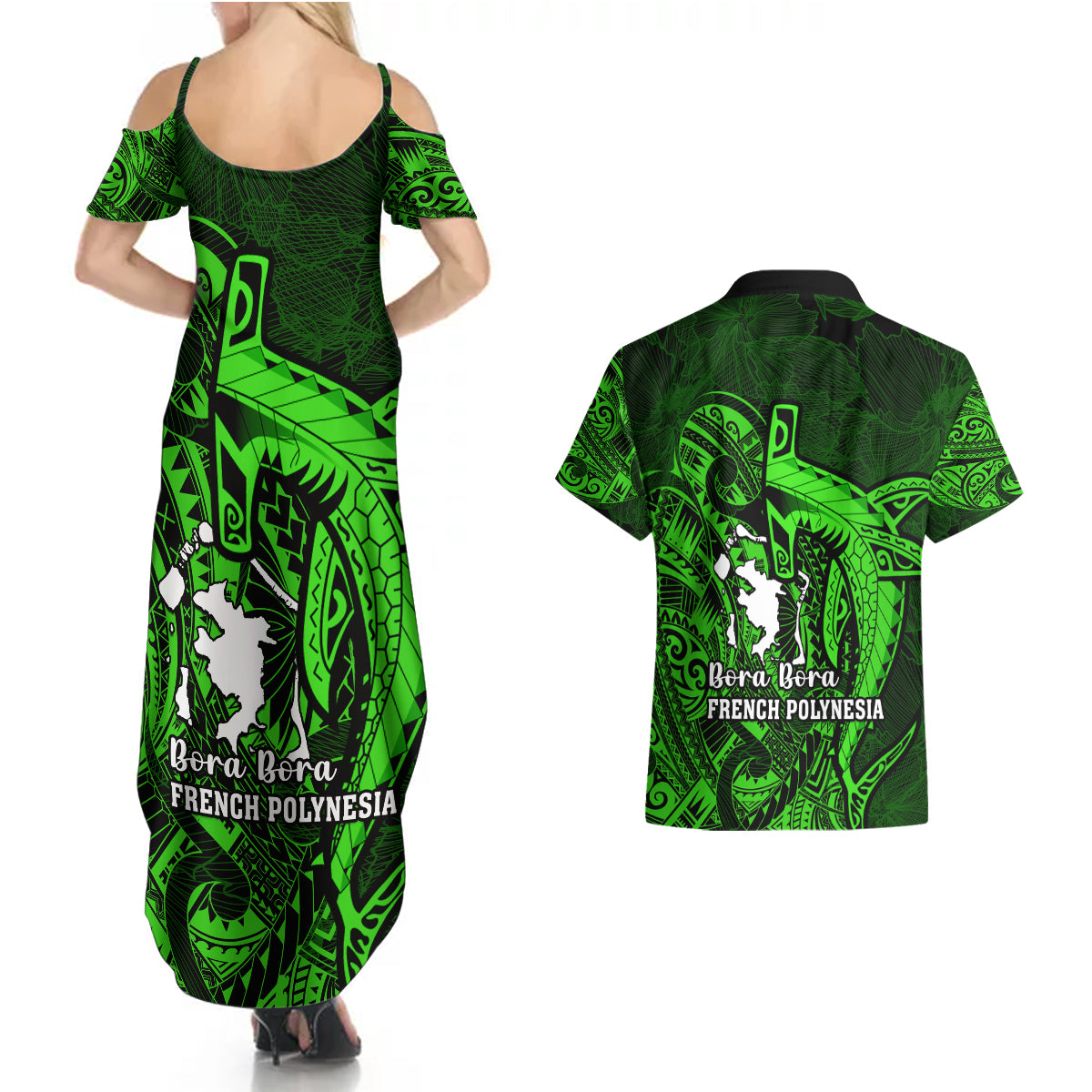 French Polynesia Bora Bora Couples Matching Summer Maxi Dress and Hawaiian Shirt Polynesian Shark Tattoo With Hibiscus Green Version LT14 - Polynesian Pride