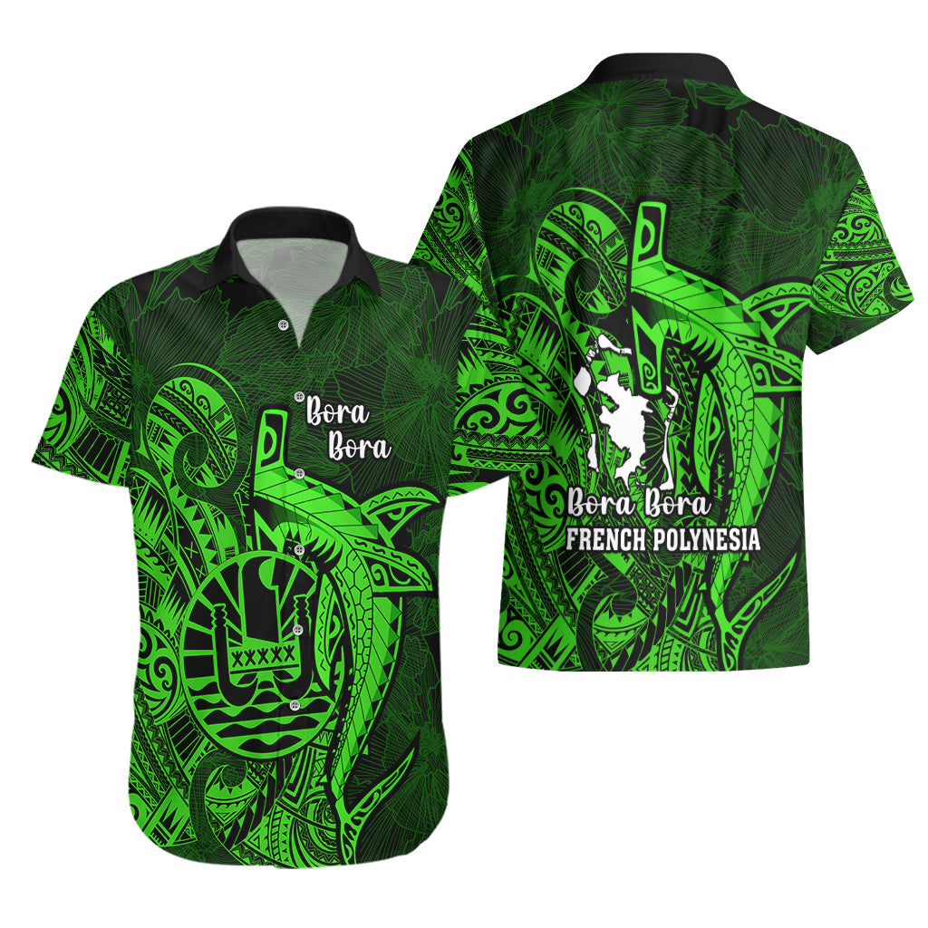 French Polynesia Bora Bora Hawaiian Shirt Polynesian Shark Tattoo With Hibiscus Green Version LT14 - Polynesian Pride