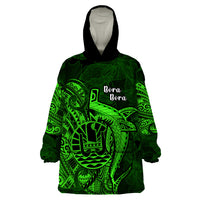 French Polynesia Bora Bora Wearable Blanket Hoodie Polynesian Shark Tattoo With Hibiscus Green Version LT14 One Size Green - Polynesian Pride