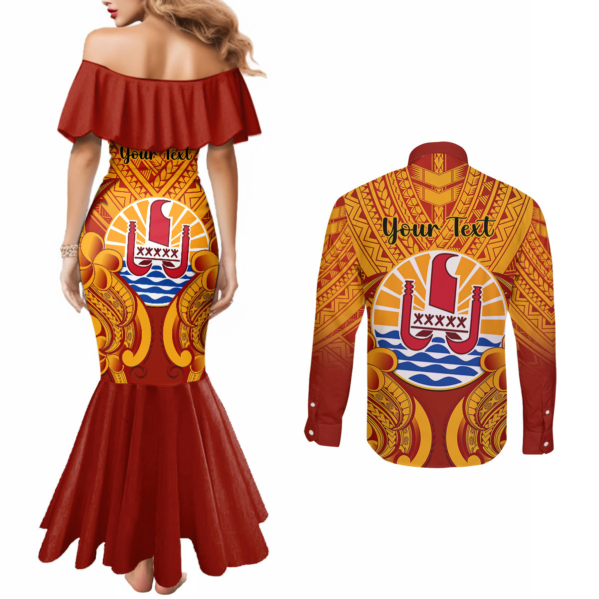 Personalised French Polynesia Couples Matching Mermaid Dress and Long Sleeve Button Shirts Coat Of Arms With Polynesian Plumeria LT14 - Polynesian Pride