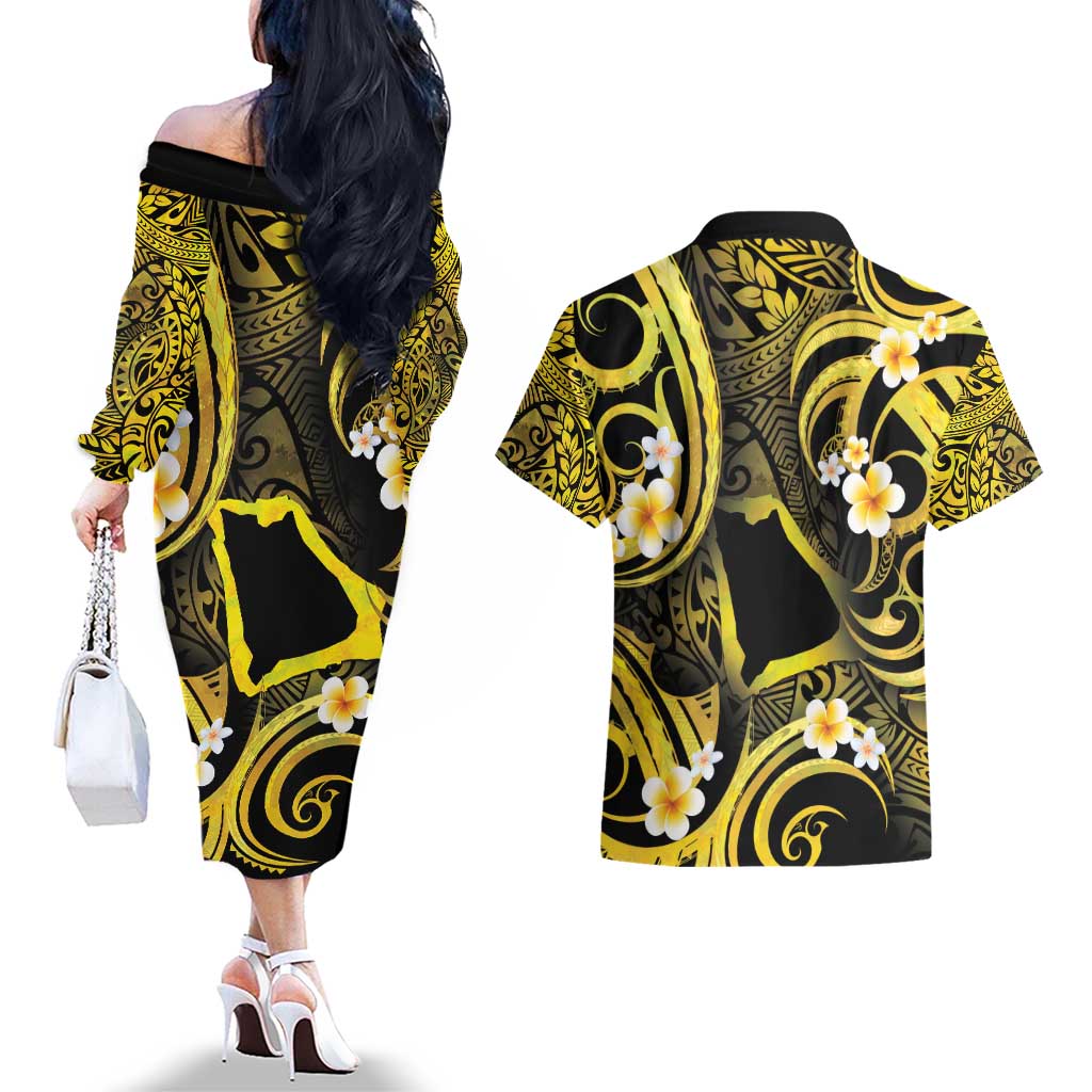 Tokelau Atafu Atoll Couples Matching Off The Shoulder Long Sleeve Dress and Hawaiian Shirt Polynesian Tattoo Plumeria With Map