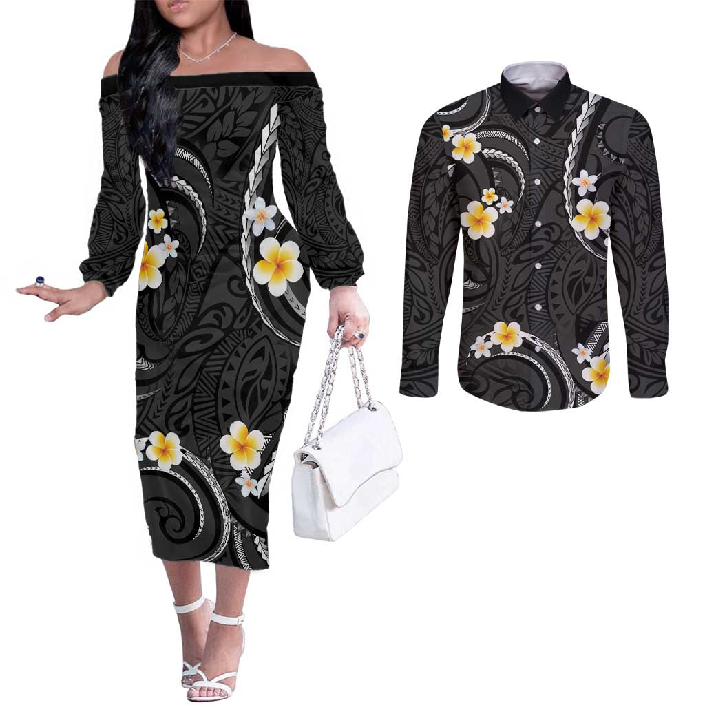 Black And Gray Couples Matching Off The Shoulder Long Sleeve Dress and Long Sleeve Button Shirt Curves Polynesian Tattoo Mix Plumeria Flowers