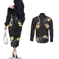 Black And Gray Couples Matching Off The Shoulder Long Sleeve Dress and Long Sleeve Button Shirt Curves Polynesian Tattoo Mix Plumeria Flowers