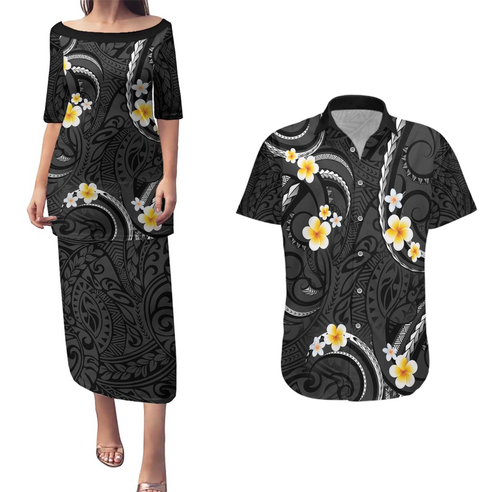 Black And Gray Couples Matching Puletasi and Hawaiian Shirt Curves Polynesian Tattoo Mix Plumeria Flowers