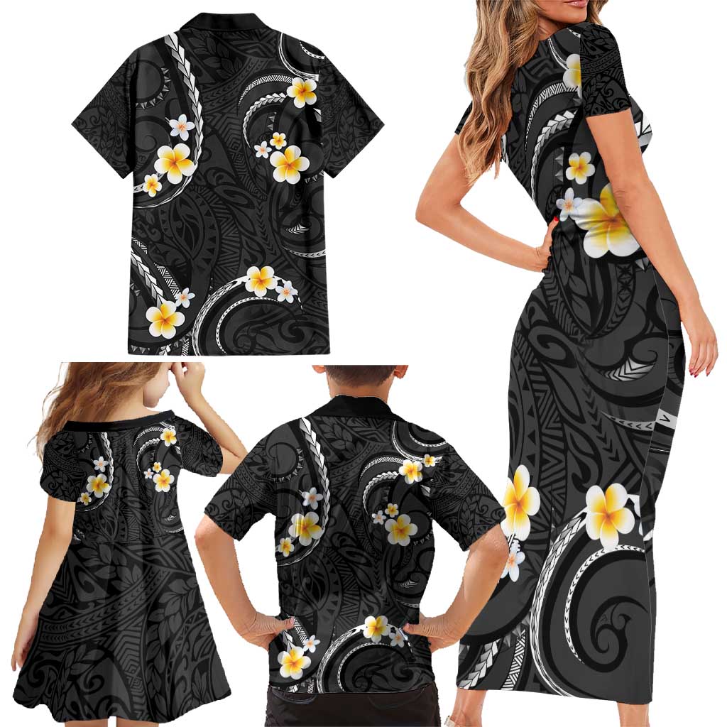 Black And Gray Family Matching Short Sleeve Bodycon Dress and Hawaiian Shirt Curves Polynesian Tattoo Mix Plumeria Flowers