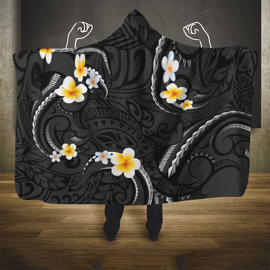 Black And Gray Hooded Blanket Curves Polynesian Tattoo Mix Plumeria Flowers