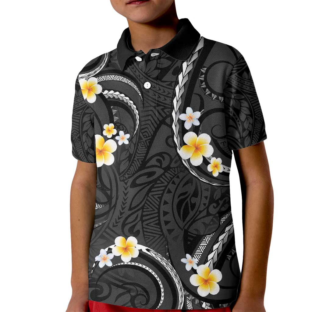 Black And Gray Kid Polo Shirt Curves Polynesian Tattoo Mix Plumeria Flowers LT14 Kid Gray - Polynesian Pride