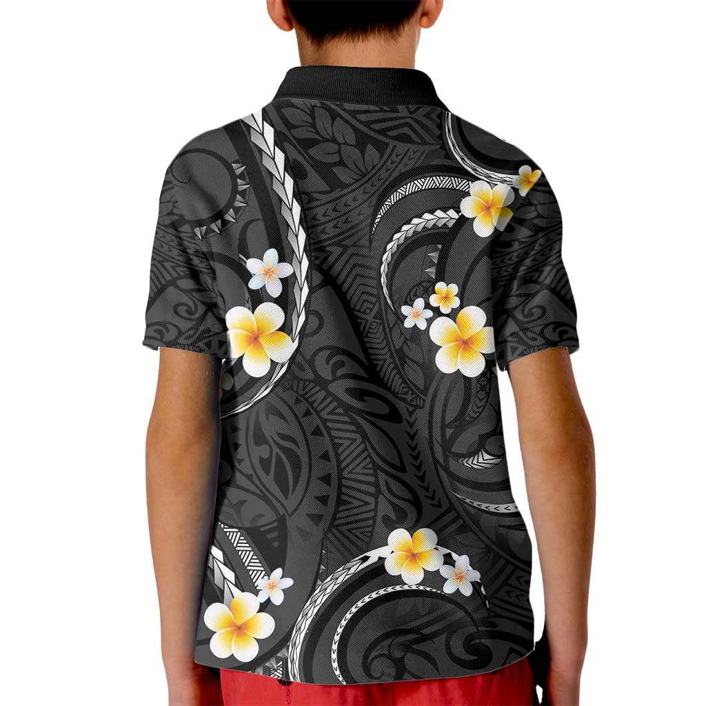 Black And Gray Kid Polo Shirt Curves Polynesian Tattoo Mix Plumeria Flowers LT14 - Polynesian Pride