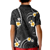Black And Gray Kid Polo Shirt Curves Polynesian Tattoo Mix Plumeria Flowers LT14 - Polynesian Pride