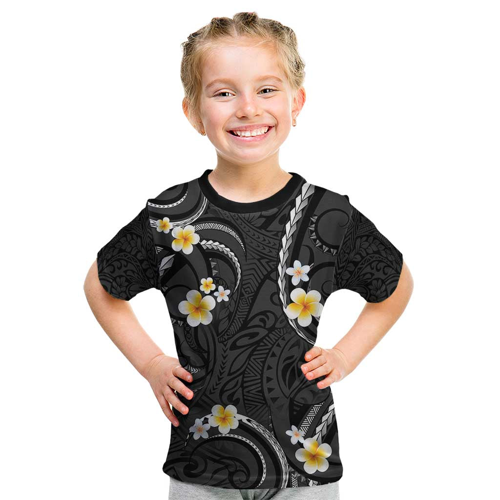 Black And Gray Kid T Shirt Curves Polynesian Tattoo Mix Plumeria Flowers LT14 Gray - Polynesian Pride