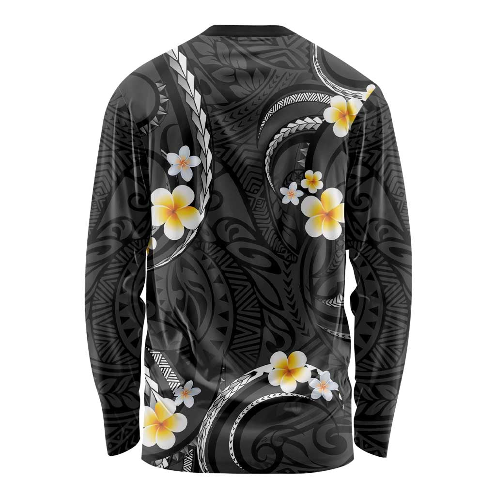 Black And Gray Long Sleeve Shirt Curves Polynesian Tattoo Mix Plumeria Flowers