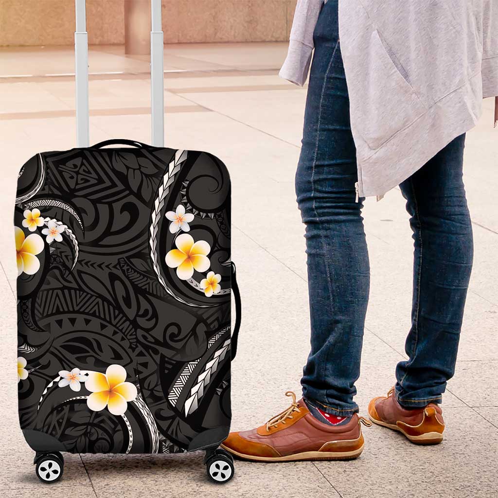Black And Gray Luggage Cover Curves Polynesian Tattoo Mix Plumeria Flowers LT14 Gray - Polynesian Pride