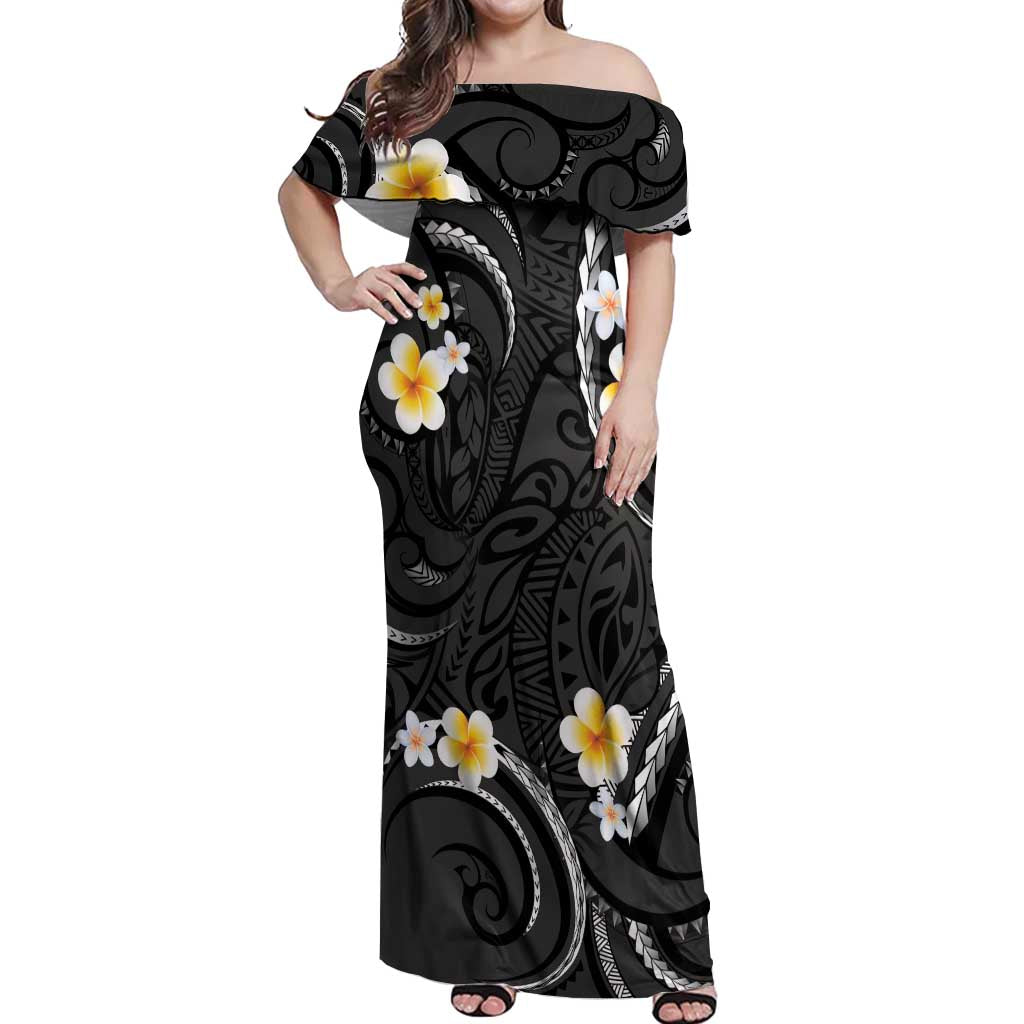 Black And Gray Off Shoulder Maxi Dress Curves Polynesian Tattoo Mix Plumeria Flowers LT14 Women Gray - Polynesian Pride